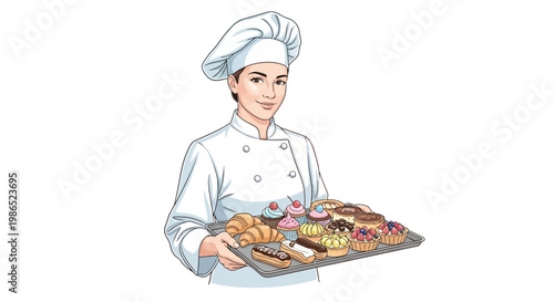 A smiling female baker in a white uniform gently holds a tray of assorted pastries against a clean white background in a waist-up shot, conveying a delightful and appetizing presentation