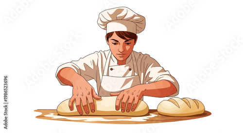 A focused baker in a chef's hat and uniform carefully kneads dough on a wooden surface, with a loaf of bread nearby, illustrated in a realistic style against a clean white background