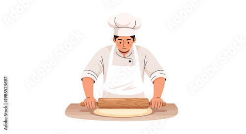 A focused male baker in a chef's hat and apron is rolling out dough with a rolling pin on a wooden board, depicted in a flat vector illustration against a clean, bright white background