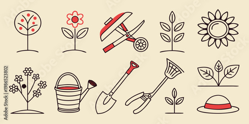 Gardening tools and plant in red and black plants