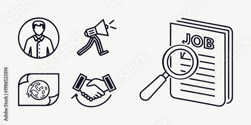 Job search with megaphone and handshake resume interview