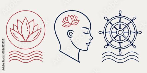 Line yoga and sailing with lotus flower and human head line meditation