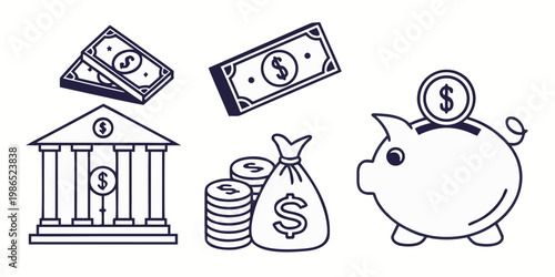 Line of financial symbols and piggy bank money coins dollars
