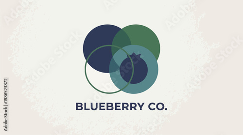 Minimalist blueberry company logo illustration with overlapping circles modern design in navy teal and green on a beige background