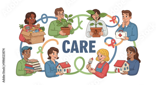 Volunteer teamwork concept illustration shows diverse people holding symbols of community service and humanitarian aid, such as plants and houses, against a white background