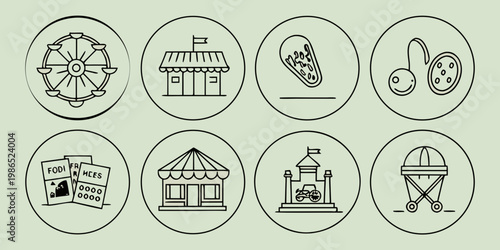 Amusement park and fair in circular frames line carnival Ferris wheel game booth