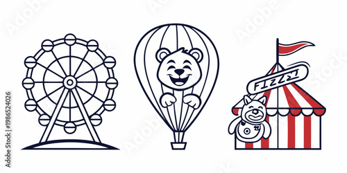 Amusement park including ferris wheel and balloon ride bear tent
