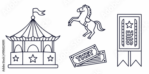 Carnival including carousel horse and tickets line black and white