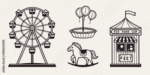 Carnival rides including ferris wheel and merry go round horse balloons