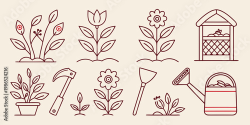 Gardening line for plants and tools line plants flowers watering can