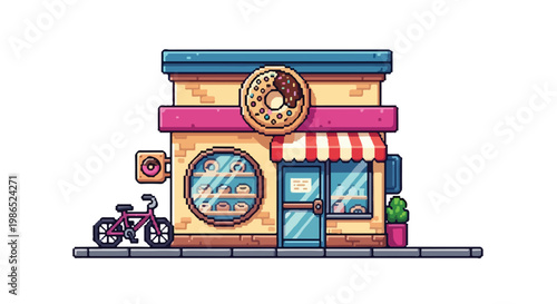 A charming pixel art illustration of a local donut shop features a large glazed donut sign, a round display window, and a pink bicycle parked outside.
