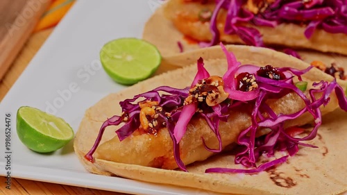 Close-up of traditional Mexican fish tacos with pickled onions and lime wedges