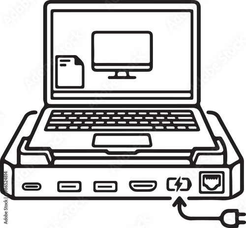 Laptop and power bank charging with several ports for connection.