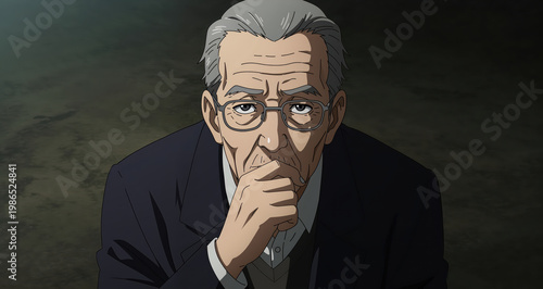 Contemplative Elder: An elder gentleman in a dark suit thoughtfully reflects, eyes gazing pensively into the distance, hand resting on his chin.