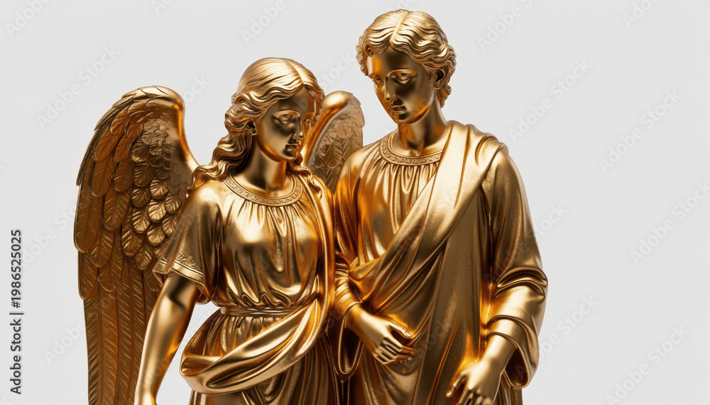 Naklejka premium Golden Angels of Grace: Two golden angel statues stand together, their elegant forms embodying faith and serenity. Their presence evokes a sense of spiritual peace and heavenly beauty.