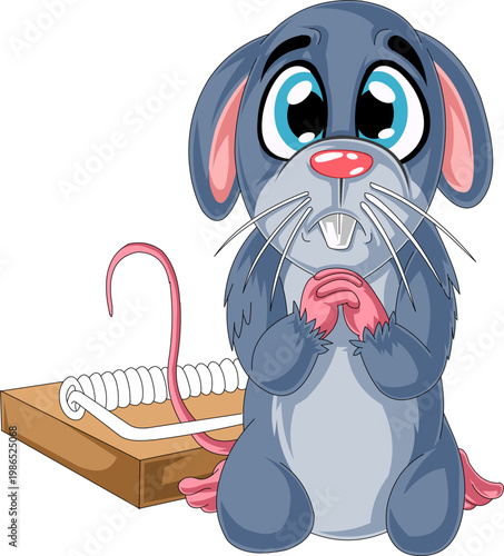Funny Caught Mouse Begging for Life in Mousetrap, Cute Cartoon Rodent Pleading Vector Illustration Character