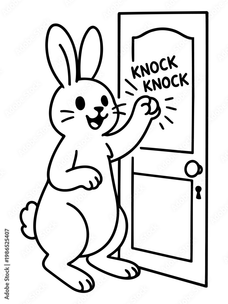 Obraz premium Bunny at the Door: A charming illustration depicts a friendly bunny playfully knocking on a door, bringing a sense of childlike wonder and anticipation.