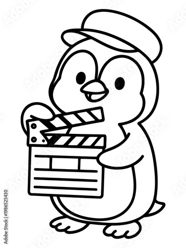 Lights, Camera, Penguin! A charming cartoon penguin, equipped with a director's hat and clapperboard, preps for its cinematic debut, brimming with creative ambition. 