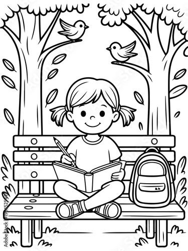 Childhood Serenity: A young girl, lost in thought, finds solace in writing, sitting serenely on a bench amidst the beauty of nature, with birdsong filling the air.