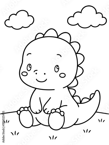 Smiling Dino: An adorable dinosaur smiles happily under a cloudy sky. A simple, line-art illustration for a coloring page.