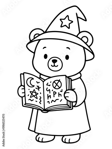 Wizard Bear's Spell: An adorable bear, robed as a wizard, with a pointed hat adorned with a star, diligently studies a mystical spellbook, hinting at an intriguing adventure.