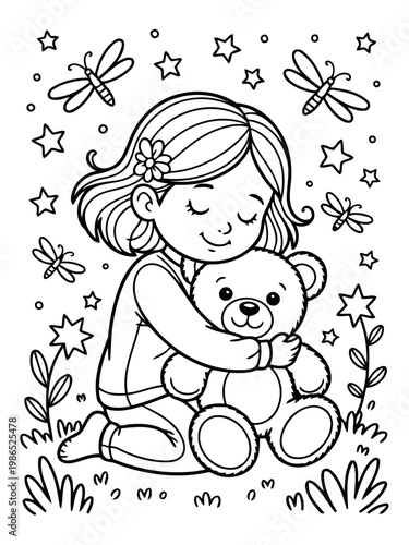 Childhood Embrace: A tender illustration depicts a young child nestled in a warm embrace with a beloved teddy bear.