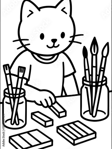 Artistic Feline's Creative Studio: A charming feline artist engrossed in artistic endeavors, surrounded by brushes and clay blocks, crafting masterpieces within their creative studio.