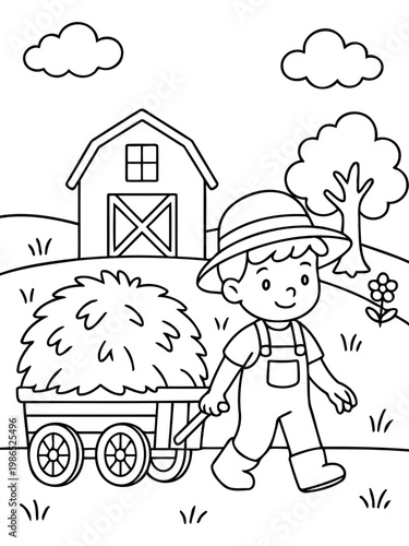Farmer's Harvest Day: An illustration depicting a cheerful farmer pulling a cart filled with hay across the grassy field, a picturesque scene of rural life.