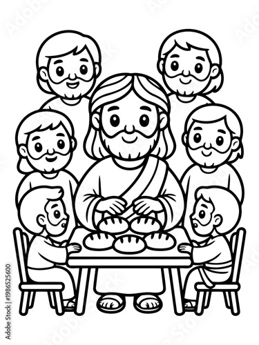 Sacred Communion: An illustrated depiction of a religious ceremony shows a central figure blessing bread at a table, surrounded by his disciples, creating a scene of reverence and spirituality.