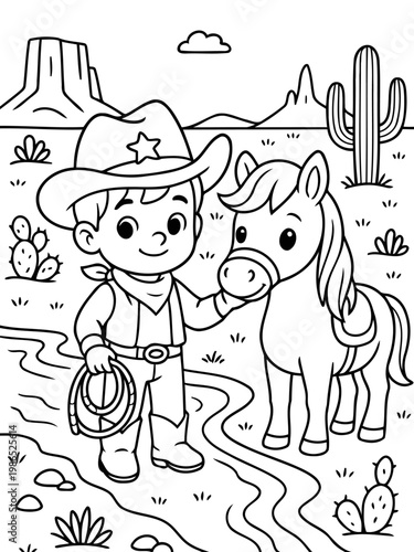 Cowboy and Pony in the Wild West: A young cowboy, with hat and lasso in hand, stands beside his trusty pony in a cartoon depiction of the wild west, with desert scenery. 