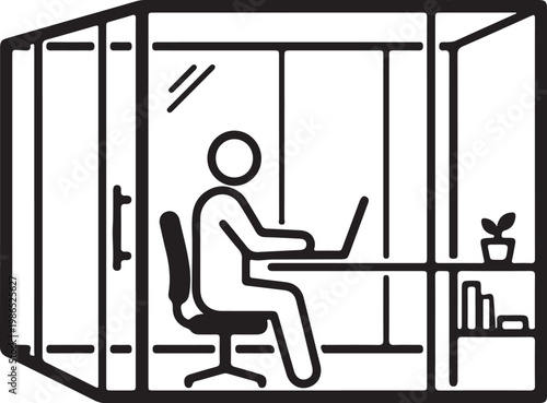 Modern workspace office pod with person using laptop vector line drawing.