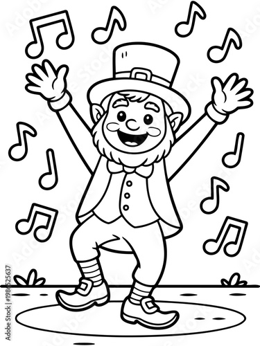 Leprechaun's Merry Tune: A jovial leprechaun in traditional attire dances with glee, surrounded by musical notes, evoking the spirit of celebration and Irish folklore.