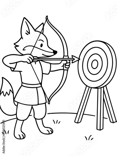 Fox Archer: A cunning fox, attired in simple garb, takes aim with a bow and arrow at a distant target, his focus unwavering. Depicting a scene of precision, determination.