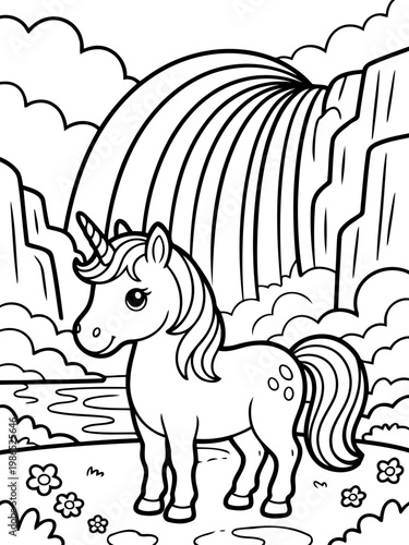 Magical Unicorn in Fairyland: A charming unicorn stands gracefully in a whimsical land, against a backdrop of a vibrant rainbow and cascading waterfall, evoking a sense of wonder and enchantment.