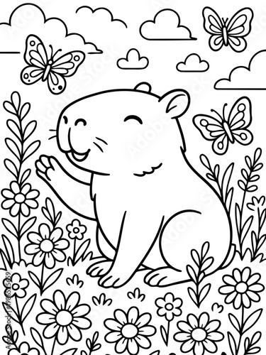 Whimsical Capybara's Delight: A charming, line-art illustration depicts a capybara happily waving from a flower-filled meadow, with butterflies adding a touch of enchantment to this scene. 