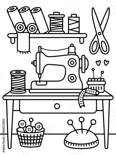 Crafting Serenity: A cozy workshop scene filled with tools of the trade. The centerpiece, a sewing machine, stands ready, flanked by thread spools, needles, and cutting shears.