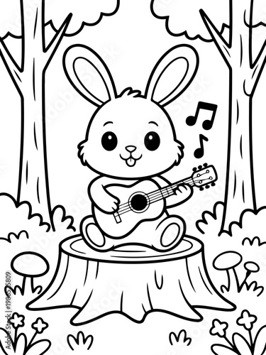 Harmony in the Woods: A cheerful bunny serenades the forest with music, strumming a guitar atop a tree stump, with nature's beauty as its backdrop.
