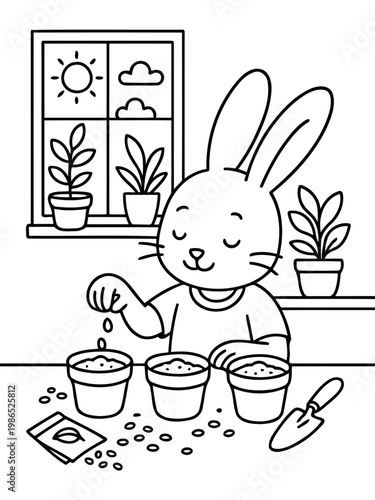 Nurturing New Beginnings: A charming rabbit, deeply involved in the joy of cultivating new life, carefully plants seeds in pots, symbolizing growth.