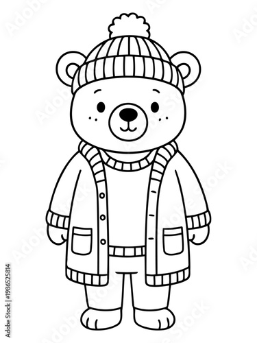 Bear in Winter Attire: An adorable, cartoon-style bear, dressed warmly in a knitted cap, sweater, and coat, ready for the cold weather. 