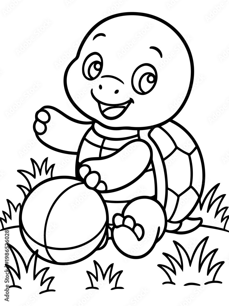 Obraz premium Playful Turtle with a Ball: A charming line art illustration depicts a smiling turtle, joyfully interacting with a ball in a playful grassy setting.