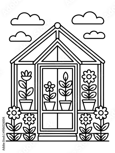 Garden's Frame: A charming greenhouse illustration in simple black and white, depicting a flourishing garden scene, with flowers in pots and a serene sky.