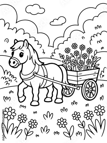 Pony with Cart: Charming outline of a pony pulling a wooden cart brimming with a bouquet of flowers in a garden on a sunny day. 