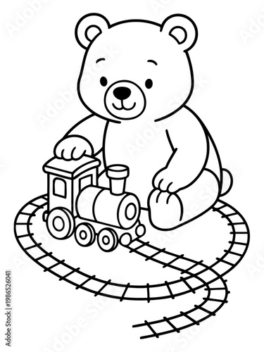 Teddy Bear's Train Adventure: A charming, outlined illustration of a teddy bear joyfully playing with a toy train, embarking on an imaginary adventure. 