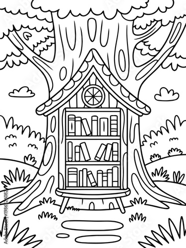Whimsical Tree Library: A charming, whimsical tree library, nestled within the embrace of a grand tree, invites readers to discover literary treasures, evoking a sense of calm and a love for reading.