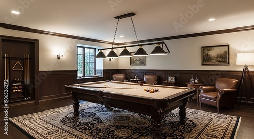 Spacious dining room with a large wooden table, pendant lighting, and cozy seating under modern decor.