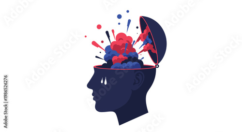 Silhouette of a human head with a lid open and colorful clouds of thoughts and creative ideas exploding out of it in white.