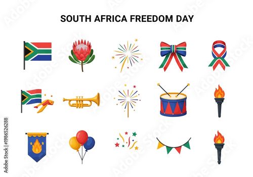 South Africa Freedom Day vector icons set representing celebration and national symbols