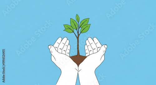Hands cradling a small green plant with soil against a light blue background symbolizing growth and nurturing