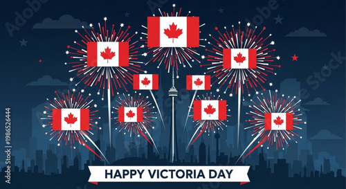 Canadian flags with fireworks on victoria day in city at night