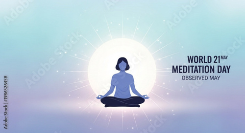 Woman meditating in lotus position on world meditation day with glowing sun background